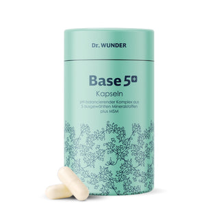 Dr. Wunder Base5+ Kapseln – mintgrüne Runddose mit floralem Muster, 3 Kapseln davor