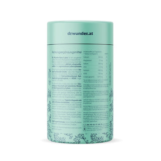 Dr. Wunder Base5+ Kapseln Rückseite – mintgrüne Dose mit Nährwerttabelle, Calcium 300mg, MSM 700mg