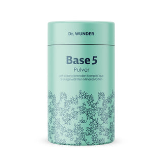 Base 5 Basenpulver von Dr. Wunder – mintgrüne Runddose mit Botanik-Muster und Aufschrift pH-balancierender Mineralkomplex