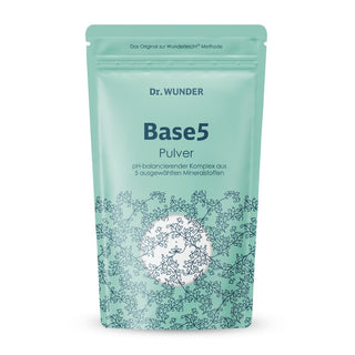 Dr. Wunder Base5 Pulver – mintgrüner Standbeutel mit floralem Muster, pH-balancierender Mineralkomplex