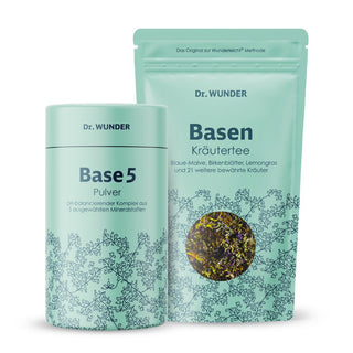 Dr. Wunder Basen Minikur – mintgrüne Runddose Base5 Pulver und Standbeutel Basen Kräutertee im Set