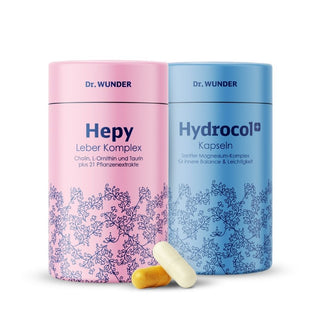 Dr. Wunder Bauchwohl Kur Kapseln – Hepy Leber Komplex und Hydrocol+ Kapseln in rosa und blauer Dose