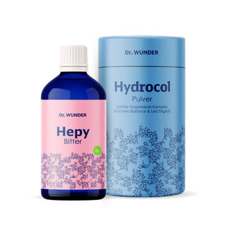 Dr. Wunder Bauchwohl Kur – Hepy Bitter Flasche und Hydrocol Pulver Dose im Set, rosa und blaue Verpackung