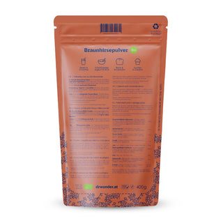 Braunhirsepulver BIO Rückseite – 400 g Standbeutel mit Nährwertangaben und Anwendungsempfehlungen