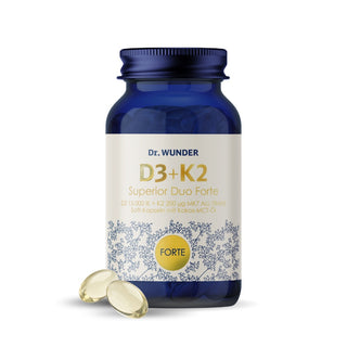 Dr. Wunder Vitamin D3+K2 Forte – dunkelblaue Glasflasche mit FORTE-Badge, 15.000 IE D3 + 200 µg K2 MK7, zwei Softgel-Kapseln