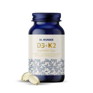 Dr. Wunder Vitamin D3+K2 Superior Duo – dunkelblaue Glasflasche mit cremefarbenem Etikett und goldener Schrift, zwei Softg...