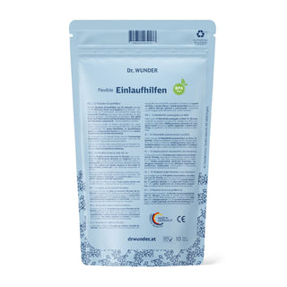Flexible Einlaufhilfen Rückseite – hellblauer Standbeutel, 10 Stück, Made in Germany, mehrsprachig