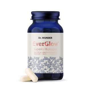 Dr. Wunder EverGlow Superior Kollagen – dunkelblaue Glasflasche mit cremefarbenem Etikett und zwei Kapseln davor