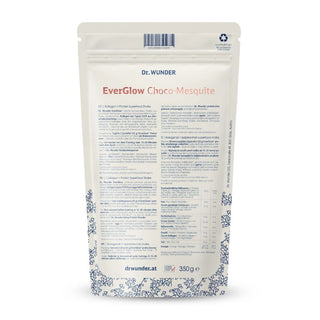 EverGlow Choco-Mesquite Rückseite – 350 g Beutel mit Nährwerttabelle und Zubereitungshinweisen