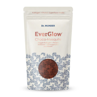 Dr. Wunder EverGlow Choco-Mesquite Shake – cremefarbener Standbeutel mit schokoladebraunem Kreisdetail