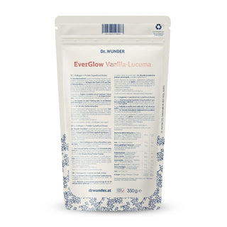 EverGlow Vanilla-Lucuma Rückseite – Standbeutel mit Zutaten, Nährwerttabelle und drwundero.shop, 350 g