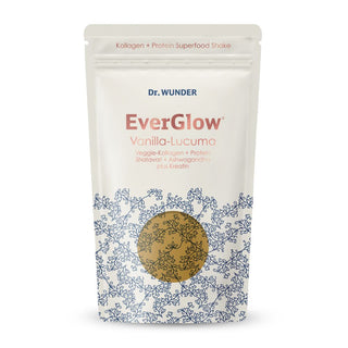 Dr. Wunder EverGlow Vanilla-Lucuma – cremefarbener Standbeutel mit blauem Blumenmuster und goldenem Kreis-Motiv