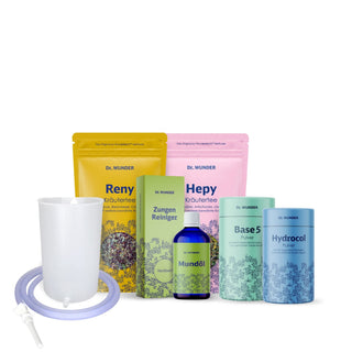 Fasten BOX Basic – Produktübersicht mit Hepy, Reny, Mundöl, Zungen-Reiniger, Base5 und Hydrocol auf weißem Hintergrund