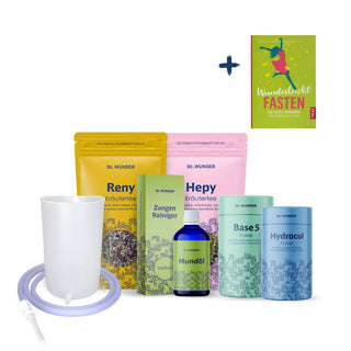 Fasten BOX Basic mit Buch „Wunderleicht Fasten – gelbe und rosafarbene Kräutertee-Beutel, Mundöl, Base5 und Hydrocol
