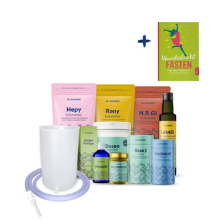 Fasten BOX Deluxe mit Buch „Wunderleicht Fasten plus Kräutertees, Leinöl, Mundöl, Basen-Salzbad und Hydrocol