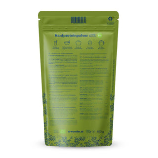 Hanfproteinpulver 60% BIO Rückseite – grüner Beutel mit Nährwerttabelle, Anwendungshinweisen und 400-g-Angabe