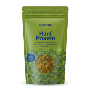 Dr. Wunder Hanfprotein BIO – grüner Standbeutel mit 60%-Protein-Badge und Bio-Siegel auf weißem Hintergrund