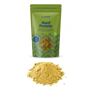Hanfproteinpulver 60% BIO – grüner Standbeutel mit goldfarbenem Pulver davor aufgeschüttet