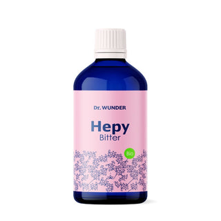 Dr. Wunder HEPY Bitter BIO Lebertropfen – dunkelblaue Glasflasche mit rosa Etikett und grünem Bio-Siegel