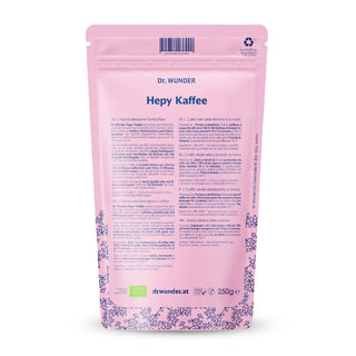Dr. Wunder HEPY Kaffee BIO – Rückseite des rosafarbenen Standbeutels, 250 g, mehrsprachige Zubereitung