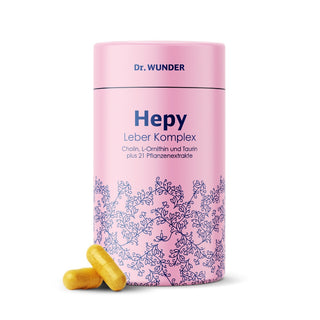Dr. Wunder HEPY Leber-Komplex rosa Dose mit floralen Ornamenten und goldgelben Kapseln davor