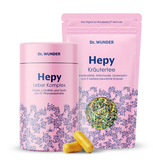 Happy-Leber Minikur mit rosa HEPY Leber Komplex Dose, Kapseln und HEPY Kräutertee Beutel
