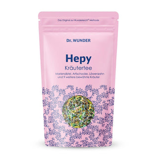 Dr. Wunder HEPY Tee – rosafarbener Standbeutel mit Aufschrift Kräutertee, Mariendistel und Artischocke