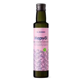 Dr. Wunder HEPY Mariendistelöl BIO – schlanke dunkelgrüne Glasflasche mit rosa Etikett, Bio-Siegel