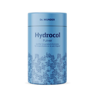 Dr. Wunder Hydrocol Kollagen-Pulver – hellblauer Zylinderkarton mit dunkelblauem Schriftzug und Blattmuster