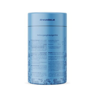 Dr. Wunder Hydrocol Pulver – Rückseite des hellblauen Kartons mit Magnesium-Nährwertangaben