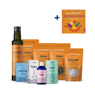 I LOVE Keto BOX mit Öl, Kräutertee, Hydrocol, Blutcheck, Hepy Bitter und Base 5 Produkten