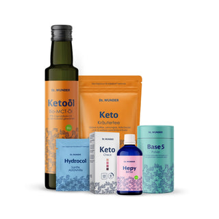 Dr. Wunder Keto BOX Basic – Übersicht aller enthaltenen Produkte mit Öl, Tee, Hydrocol und Hepy