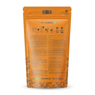 Dr. Wunder Keto Landbrot BIO 400g Rückseite mit Backanleitung und Nährwertangaben
