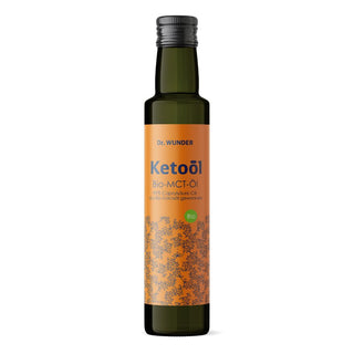 Dr. Wunder Ketoöl BIO MCT-Öl in dunkelgrüner Glasflasche mit orangem Etikett und Bio-Siegel