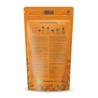 Dr. Wunder Keto Schoko-Küchlein BIO 240g Rückseite mit Backanleitung in Schritten und Nährwerten