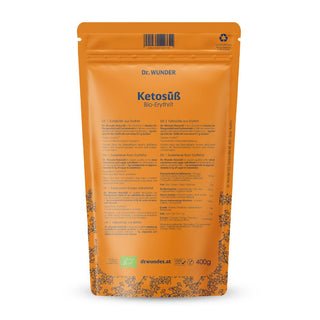 Dr. Wunder Ketosüß Bio-Erythrit 400g Rückseite mit Nährwertangaben und Verwendungshinweisen