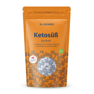 Dr. Wunder Ketosüß Erythrit BIO oranger Standbeutel mit I-love-Keto Badge und Bio-Siegel
