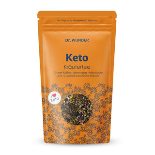 Dr. Wunder KETO Kräutertee oranger Standbeutel mit losen Teeblättern sichtbar und I-love-Keto Badge