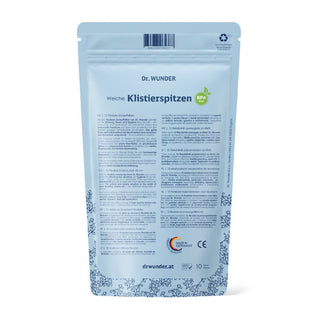 Dr. Wunder Weiche Klistierspitzen Rückseite – mehrsprachige Produktinfo, Made in Germany, CE-Kennzeichen, 10 Stück