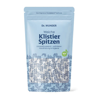 Dr. Wunder Weiche Klistierspitzen – hellblaue Standbeutel-Verpackung mit Blumenmuster, BPA-frei, Aufschrift Weiche Klistie...