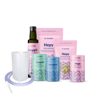 Dr. Wunder Leber BOX Basic mit Hepy-Produkten, Base 5 Kapseln, Hydrocol Pulver, Hepyol Flasche und Einlauf-Set