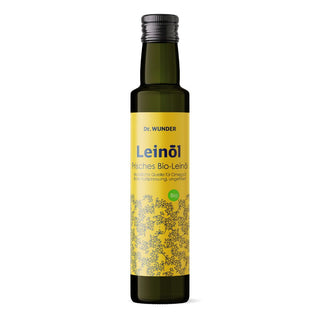 Dr. Wunder Leinöl BIO Glasflasche 250 ml mit gelbem Etikett, Vorderseite mit Bio-Siegel