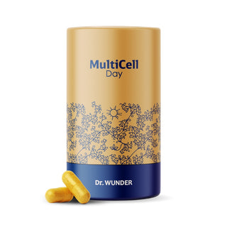 Dr. Wunder MultiCell Day goldene Dose mit floralem Muster und Sonnensymbol, gelbe Kapseln davor