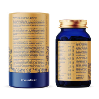 Dr. Wunder MultiCell Day Verpackung und Glasflasche Rückseite mit Zutatenliste und Nährwerttabelle