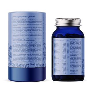 Dr. Wunder MultiCell Night Verpackung und Glasflasche Rückseite mit Zutatenliste und Nährwerttabelle