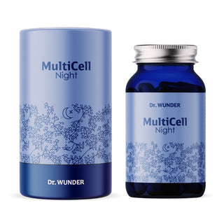Dr. Wunder MultiCell Night blaue Verpackungsdose neben blauer Glasflasche mit blauem Etikett