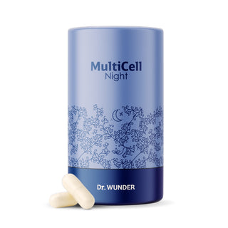 Dr. Wunder MultiCell Night hellblaue Dose mit Mond-Motiv und floralem Muster, weisse Kapseln davor
