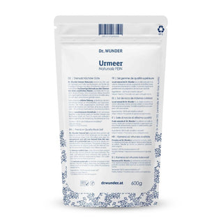 Dr. Wunder Urmeer Natursalz Beutel Rückseite mit Produktbeschreibung in mehreren Sprachen, 600 g