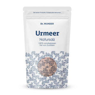 Dr. Wunder Urmeer Natursalz weisser Standbeutel mit Sichtfenster und rosa Salzkristallen