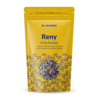 Dr. Wunder RENY Kräutertee gelber Standbeutel mit Sichtfenster und losen Teekräutern sichtbar